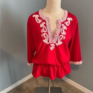 Chico's Red Blouse with White Embroidery